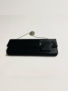 Bijoux Terner Vintage Inspired Black Satin Evening Clutch with Silver Chain
